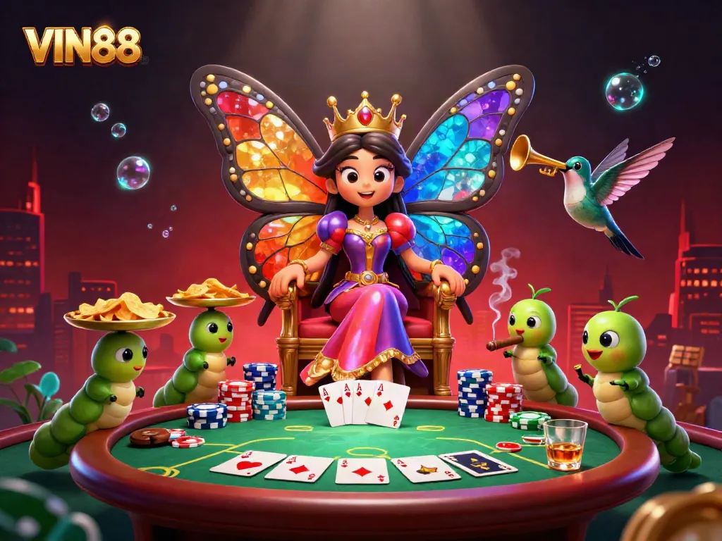 Engage with VIN88's vibrant casino atmosphere featuring a butterfly queen, poker elements, and lavish gaming decor.