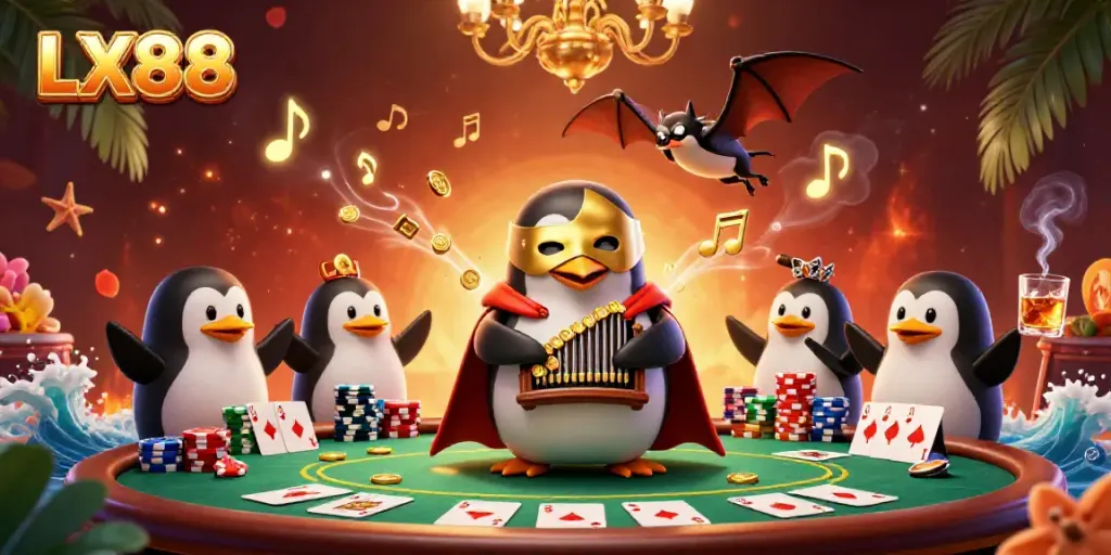 Experience the excitement of LX88 with a 3D cartoon scene showcasing gambling elements and vibrant characters.