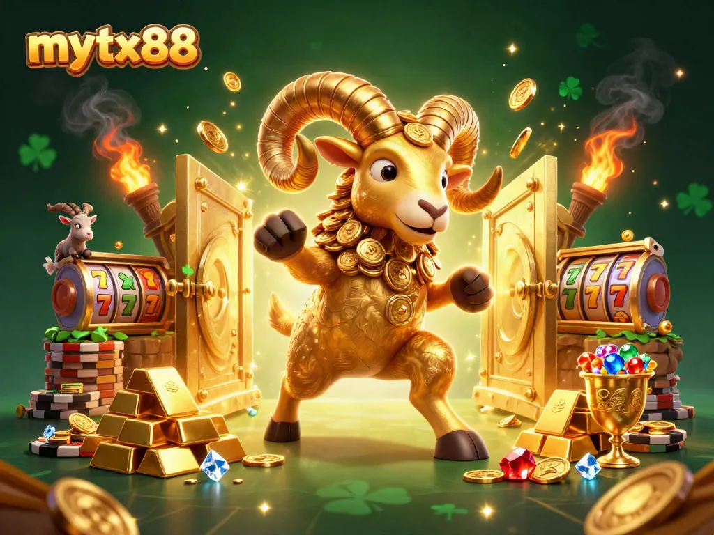 Mytx88 showcases thrilling casino excitement with a golden ram charging through treasure, radiating luck.