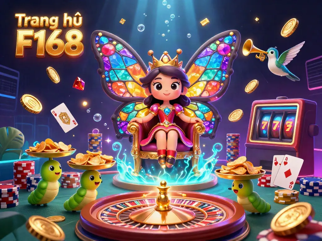 Experience the vibrant casino world at Trang chủ F168, featuring a butterfly queen amidst a cascade of sparkling coins and games.