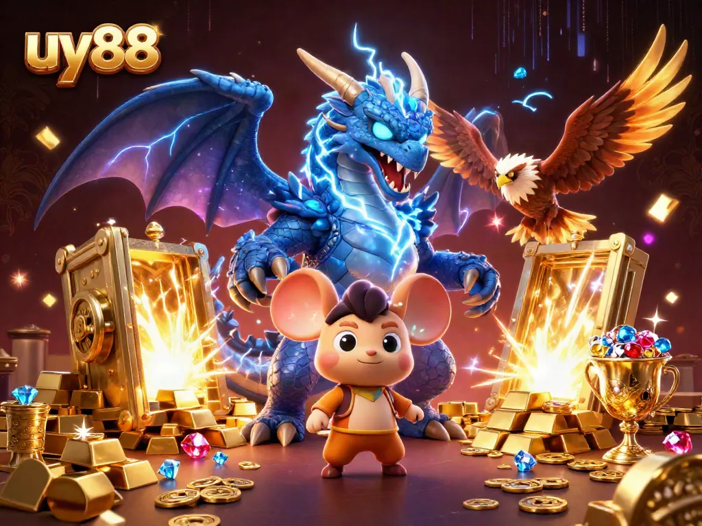 Experience thrilling wins with uy88 in this vibrant casino-themed 3D illustration showing captivating characters.