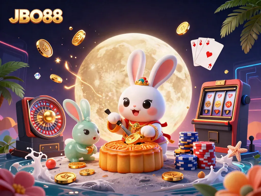 Experience the excitement of JBO88 with dynamic casino elements and a cartoon moon rabbit in action.