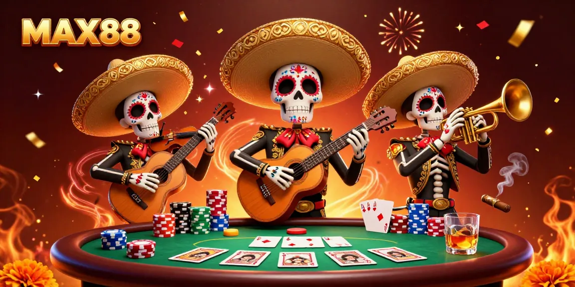 Engage in exciting casino action at MAX88 with vibrant skeleton musicians and poker elements.