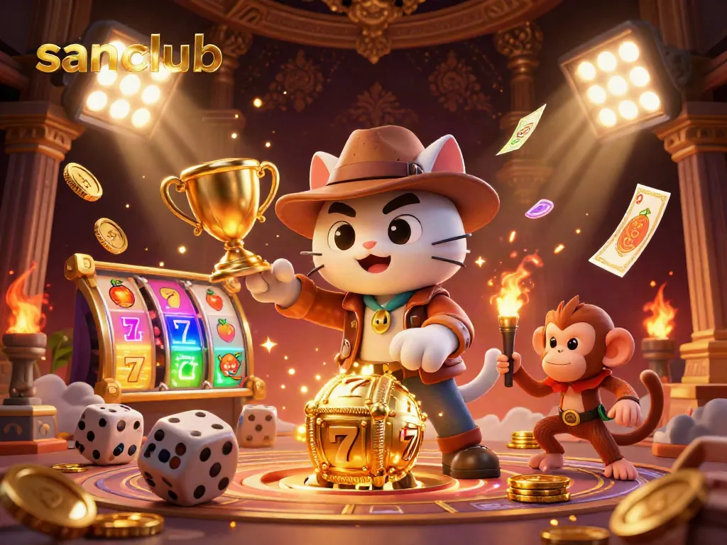 Experience the thrill of sanclub gaming with an archaeologist cat discovering legendary casino artifacts amidst a vibrant temple.