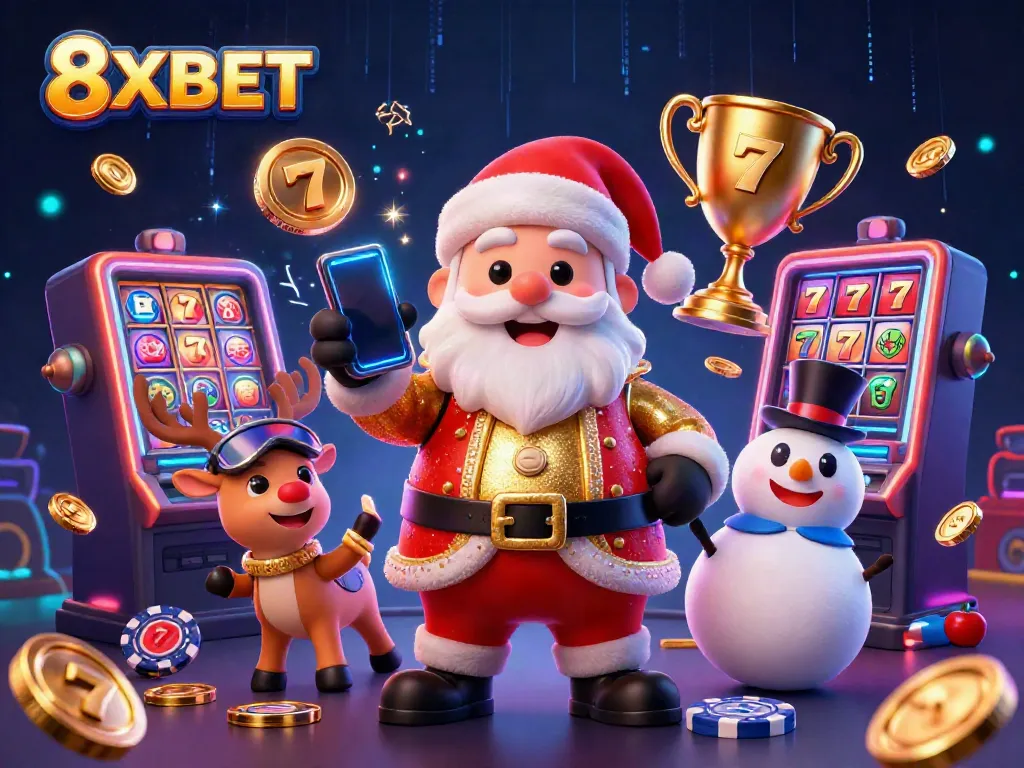Engage in thrilling jackpot slots action at 8XBET with Santa Claus and friends celebrating wins!