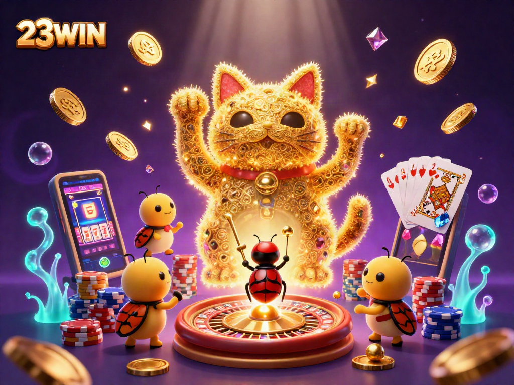 Experience the excitement of 23WIN casino games with vibrant golden visuals and dynamic casino symbols.