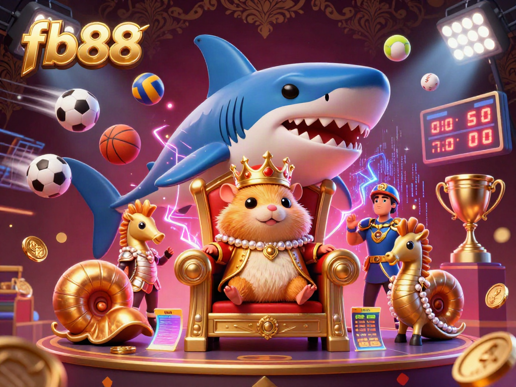 Engage with fb88 through a vibrant, dynamic sports betting scene featuring a tiny hamster king and lively elements.