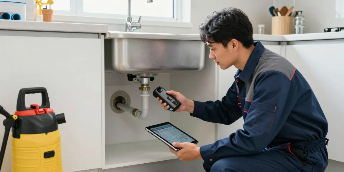 Professionele ontstoppingsdienst met technicus die leidingen inspecteert met camera.
