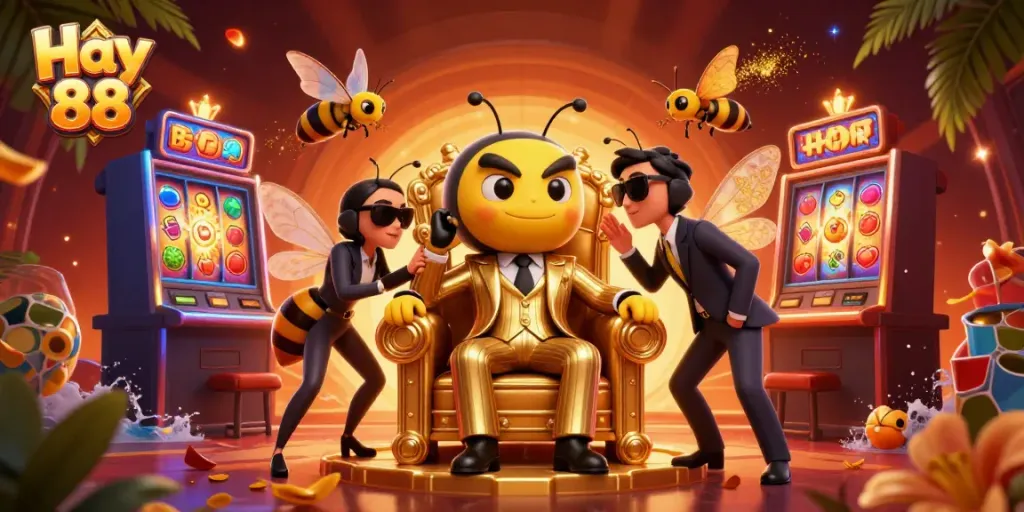 Experience the vibrant Hay 88 casino scene with a 3D bumblebee mob boss and slot machines in action.