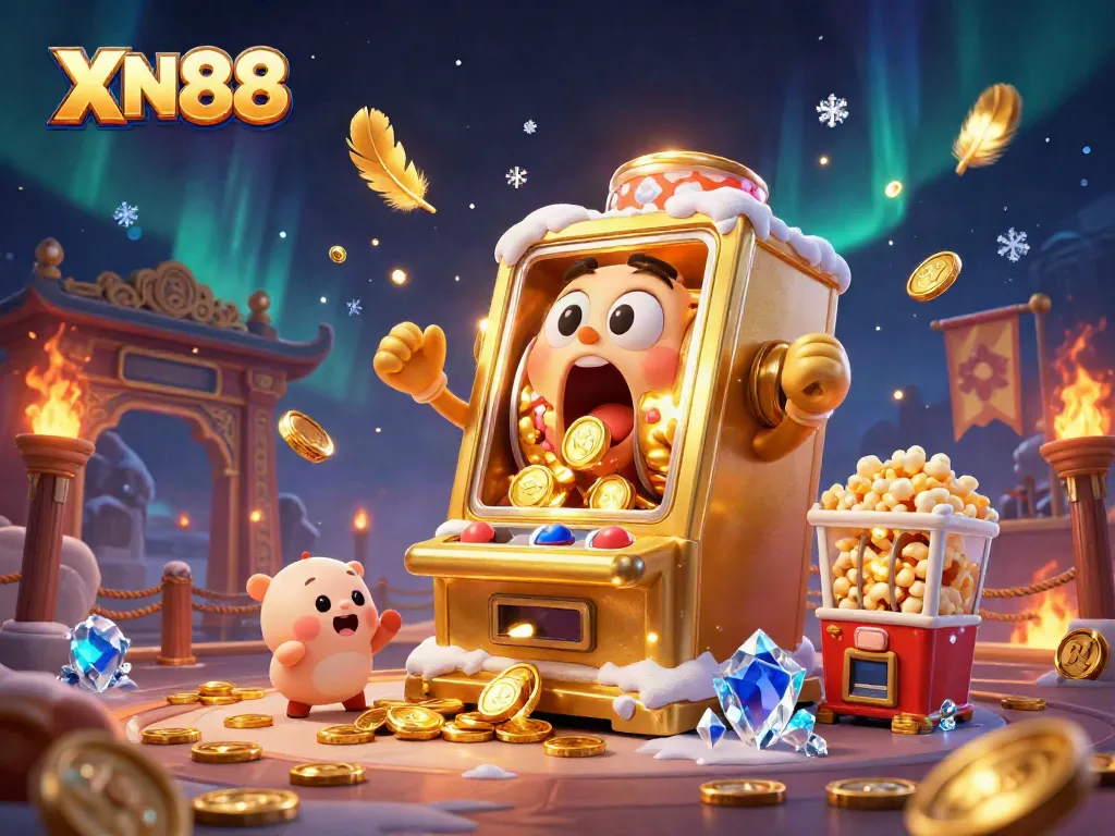 Experience the XN88 jackpot thrill with a vibrant golden slot machine and cheering mini slots!