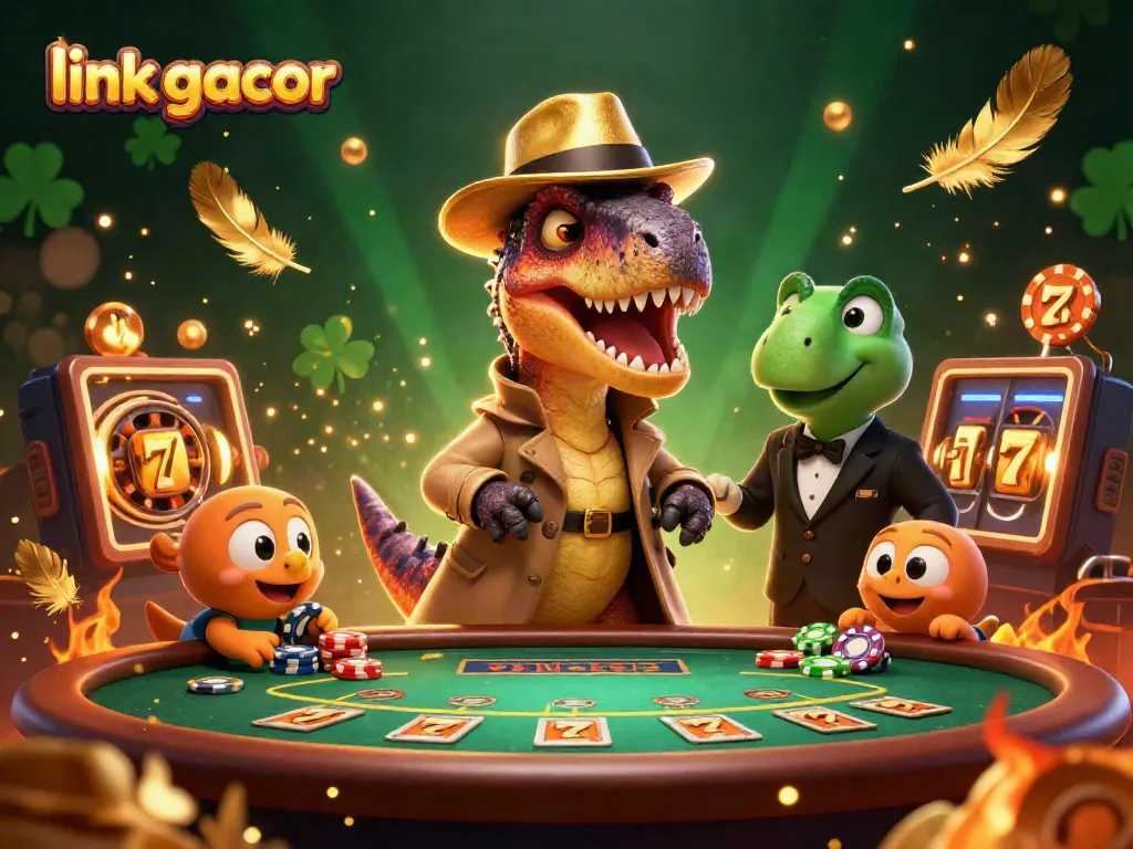 Experience the thrill with link gacor slots at a dynamic casino table featuring animated dinosaurs and vibrant elements.