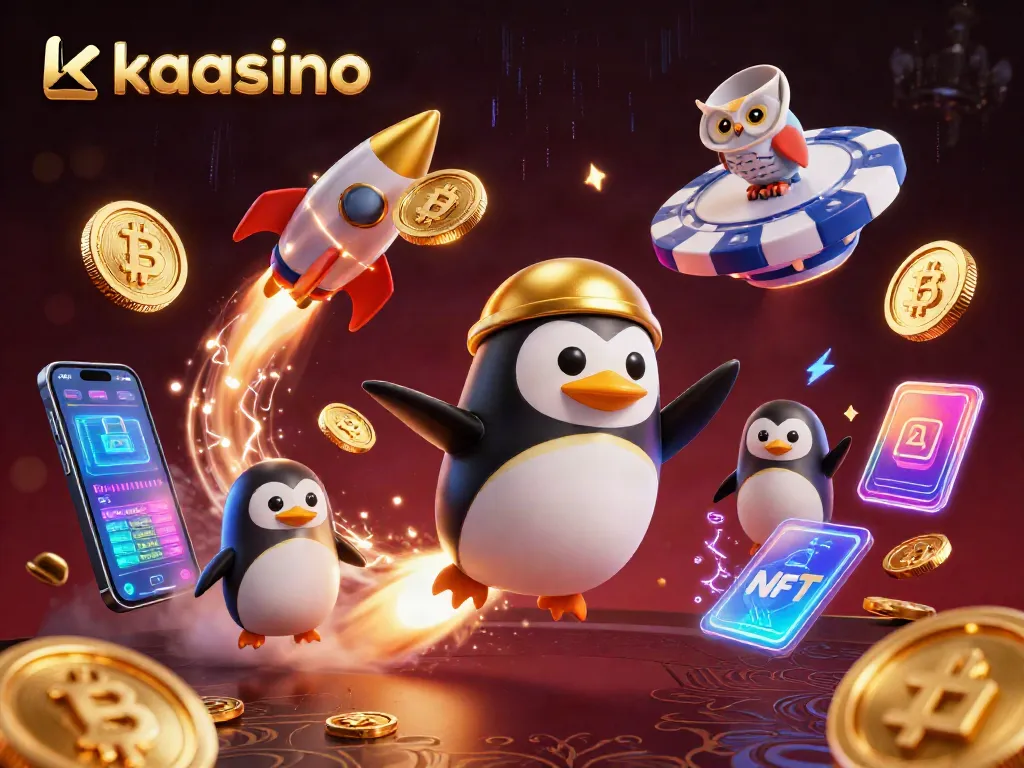 Experience kasino adventures with a golden penguin and poker chip casino in space.