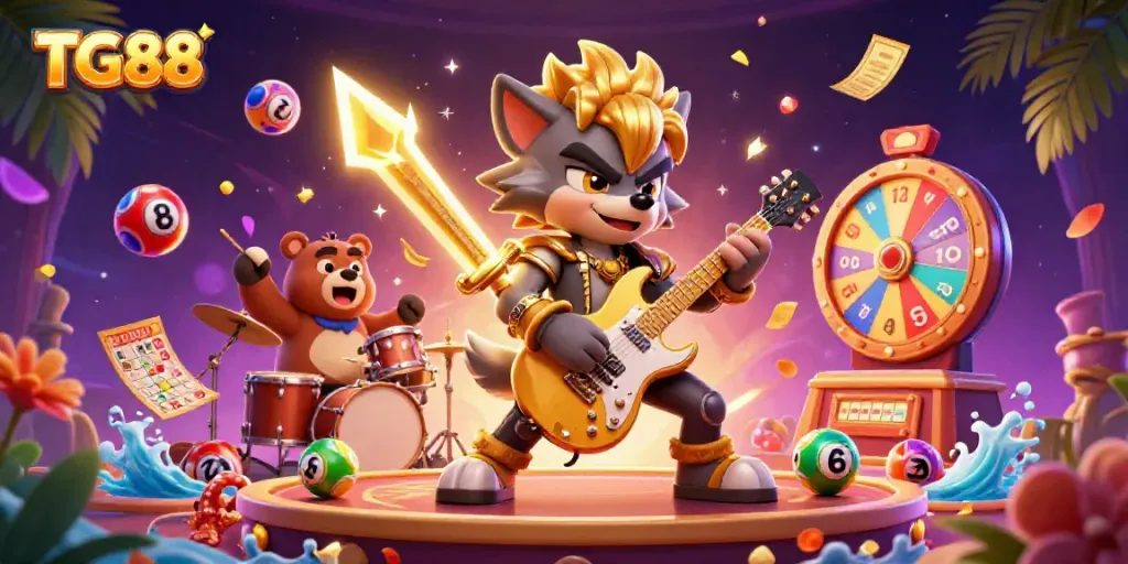 Experience the thrill at TG88 with a rock star wolf and drummer bear in a vibrant casino atmosphere.
