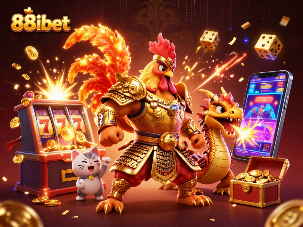 88ibet offers an energetic casino scene with a warrior rooster, dragon hatchling, and vibrant game elements.