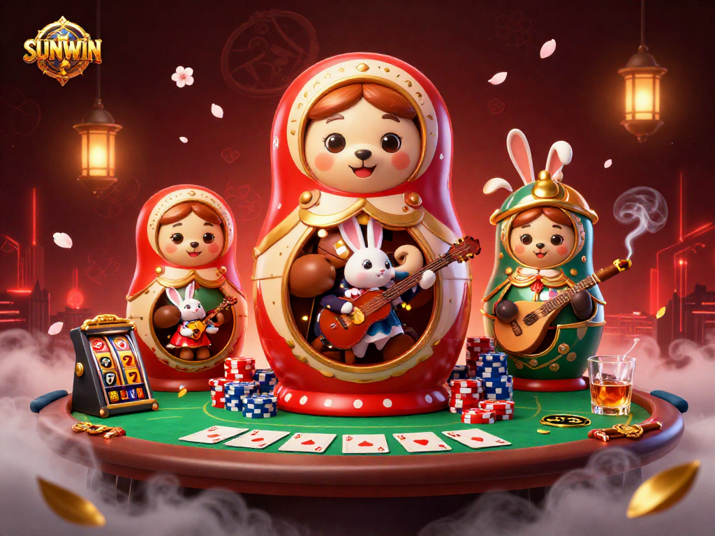 SUNWIN showcases a vibrant 3D illustration of whimsical casino characters in an engaging gambling scene.