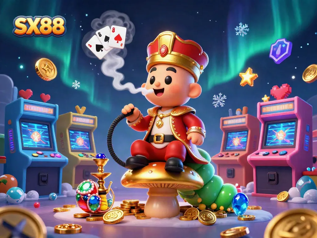 SX88 casino-themed illustration featuring a vibrant caterpillar smoking poker symbols surrounded by dynamic game elements.