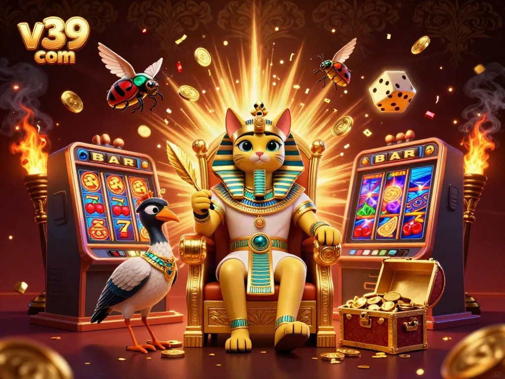 Win big at v39 com with an exciting 3D casino scene featuring ancient Egyptian elements.