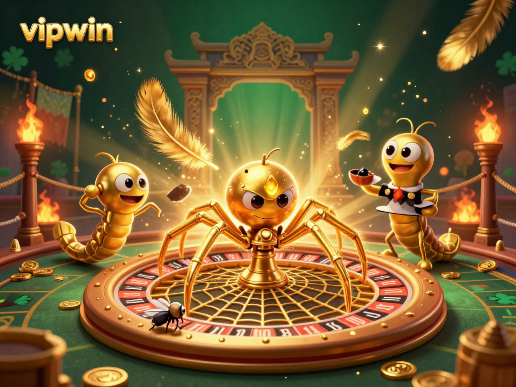 Experience thrilling gameplay with vipwin as a golden spider spins a roulette web while a nervous fly bets.