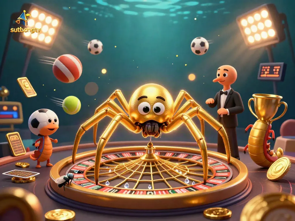 Sutbongtv showcases a thrilling betting scene with a spider and centipede croupier amid dynamic sports elements.