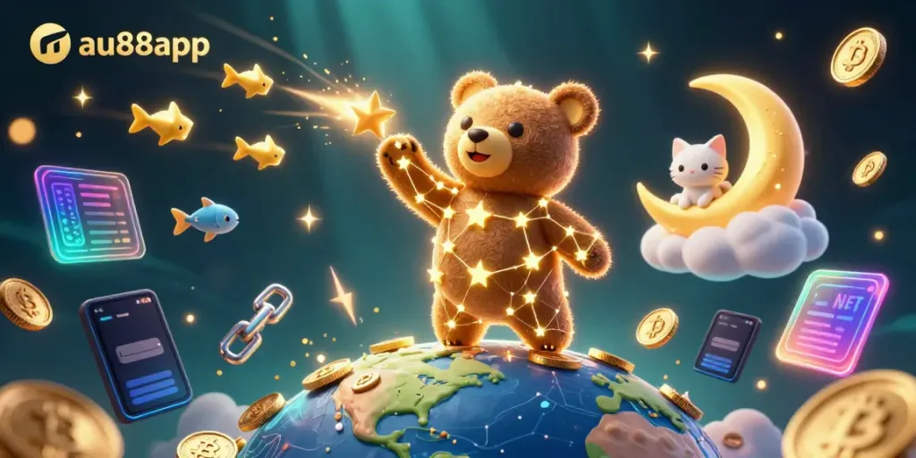 Win at au88app with golden coins and stars illustrating online casino excitement.