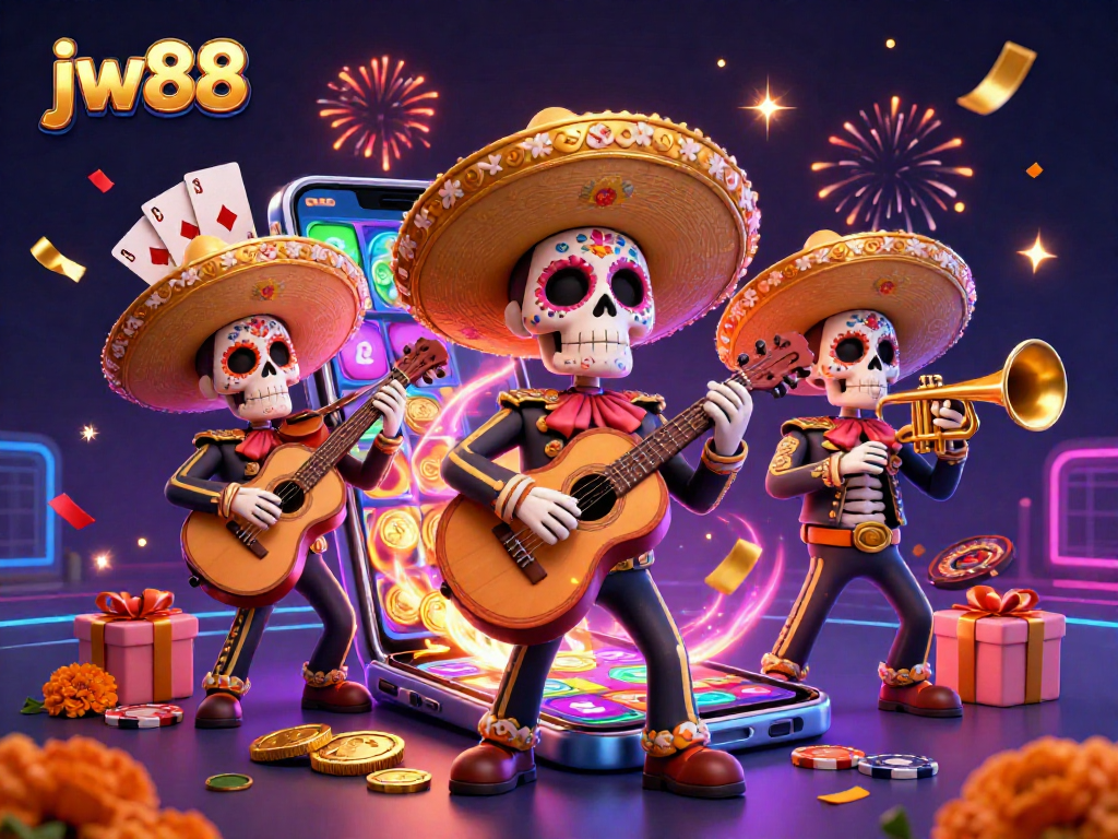 Experience exhilarating gaming action with jw88's vibrant casino scene featuring lively mariachi characters.