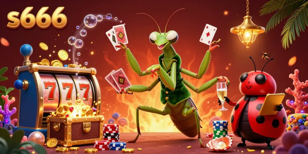 Engage with s666's exciting online casino world featuring vibrant characters, dynamic slot reels, and sparkling treasure.