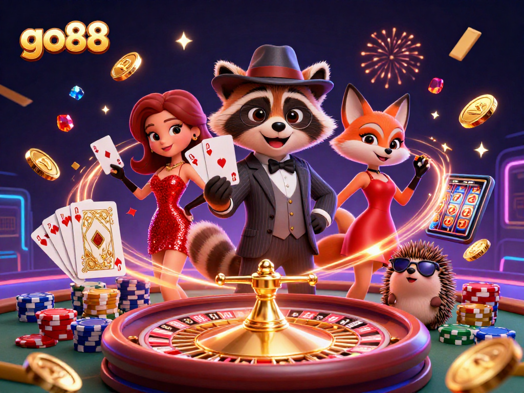 Experience the thrill with go88 as the raccoon flaunts a royal flush amidst gold and gems.
