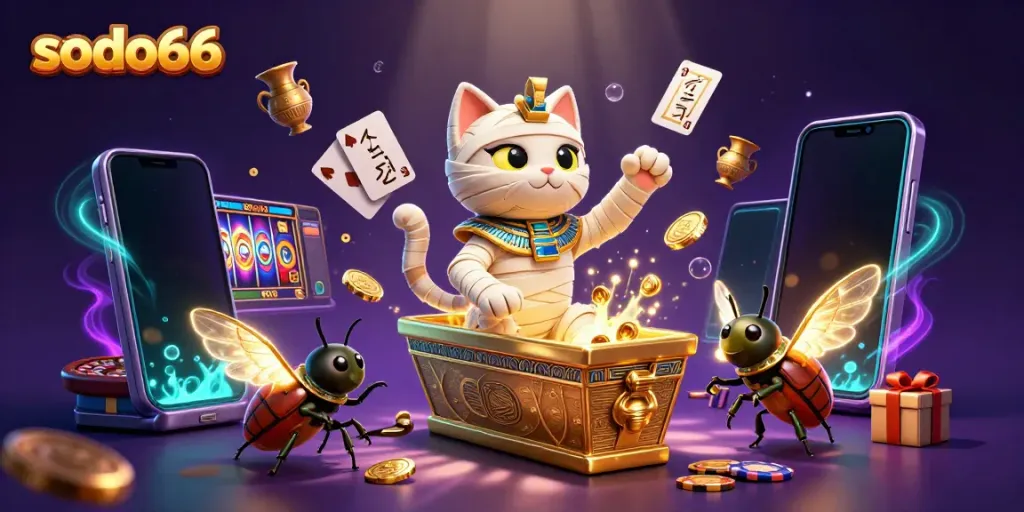 Engage with sodo66 excitement through a captivating 3D casino scene featuring a mummy cat and a scarab!