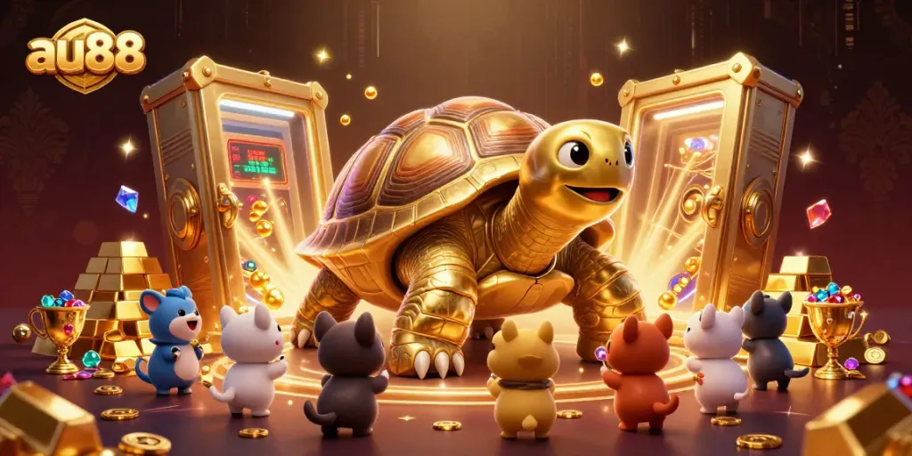 Engage with thrilling gameplay at au88 featuring a colossal golden tortoise pinball machine amidst a treasure-filled casino.