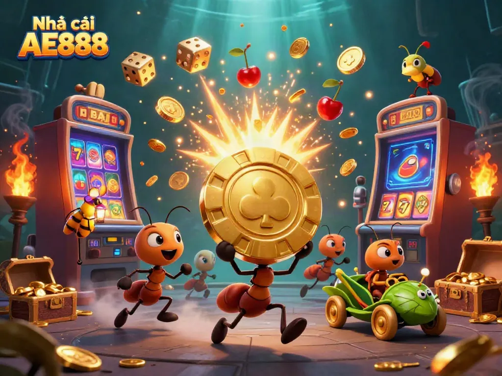 Join the fun at Nhà cái AE888 with thrilling heist-action ants carrying golden poker chips.