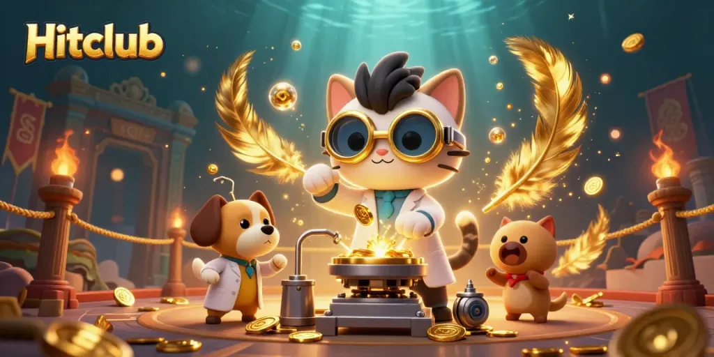 Engage with Hitclub's thrilling gameplay inside a vibrant casino arena with a mad scientist cat.