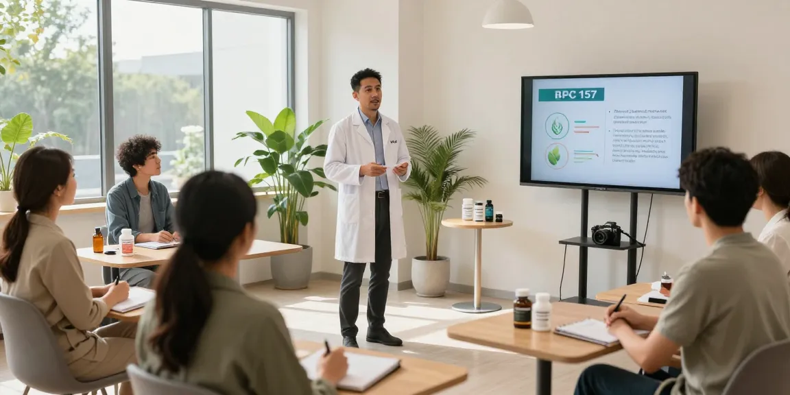 BPC 157 Side Effects presentation in a modern wellness studio with health expert discussing potential benefits.
