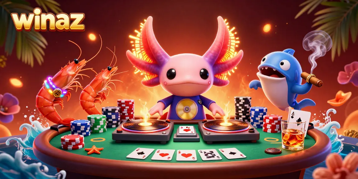 Experience the vibrant energy of winaz with a neon-colored axolotl DJ and poker elements.