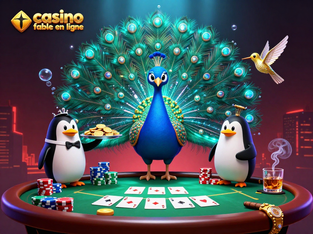Admirez ce visuel captivant illustrant un casino fiable en ligne avec un paon aristocratique et des jetons d'or.