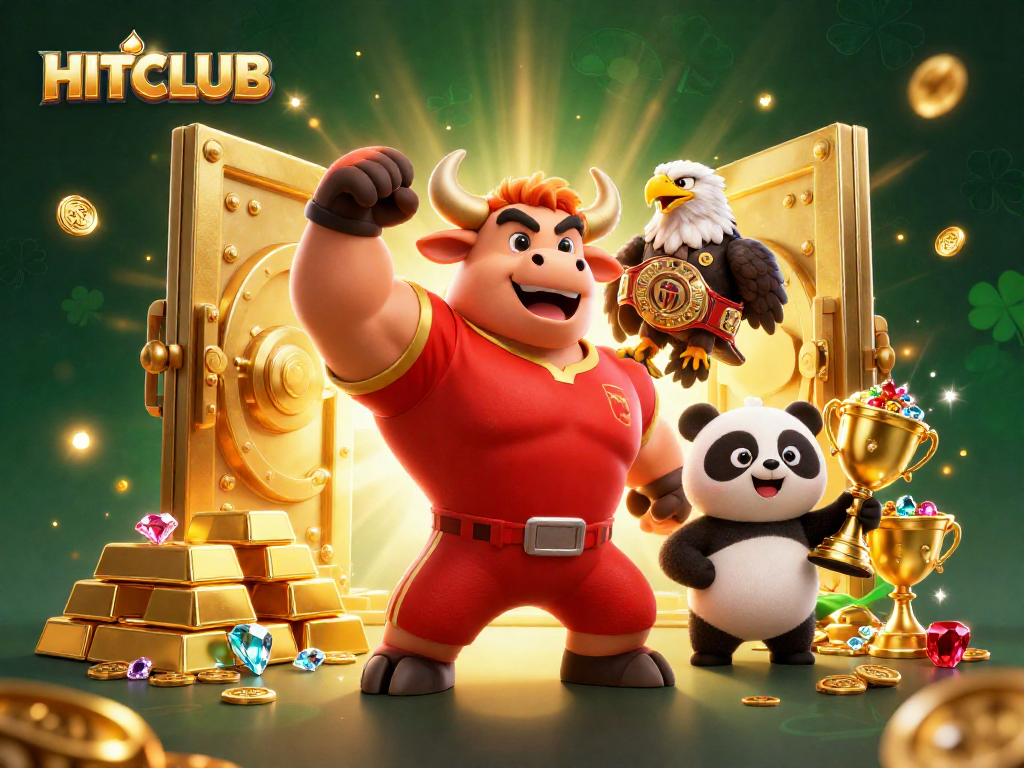 HITCLUB offers exciting gaming opportunities with a dynamic casino scene featuring vibrant characters and golden treasures.