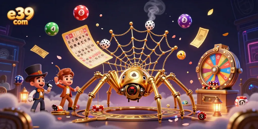 Engage with the thrilling world of e39 com, where a steampunk spider weaves winning webs of colorful lottery excitement.