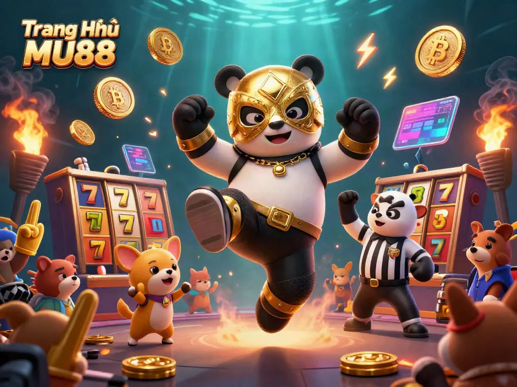 Engaging scene showcasing Trang Chủ MU88 with a wrestling panda, coins, and jackpot elements.