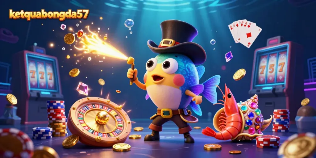 Experience the excitement of ketquabongda57 as a whimsical anglerfish attracts golden coins amidst a lively underwater casino scene.
