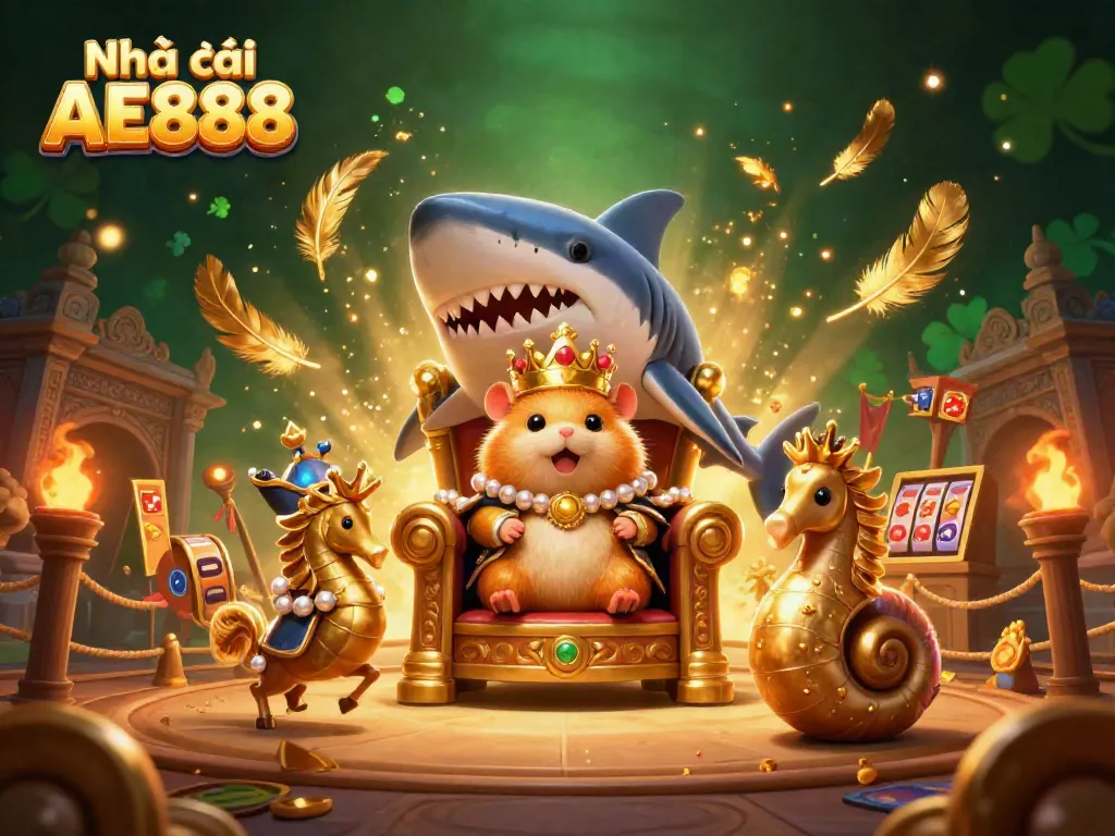 Win big with Nhà cái AE888 in a vibrant 3D casino world illustration, featuring exciting game elements.