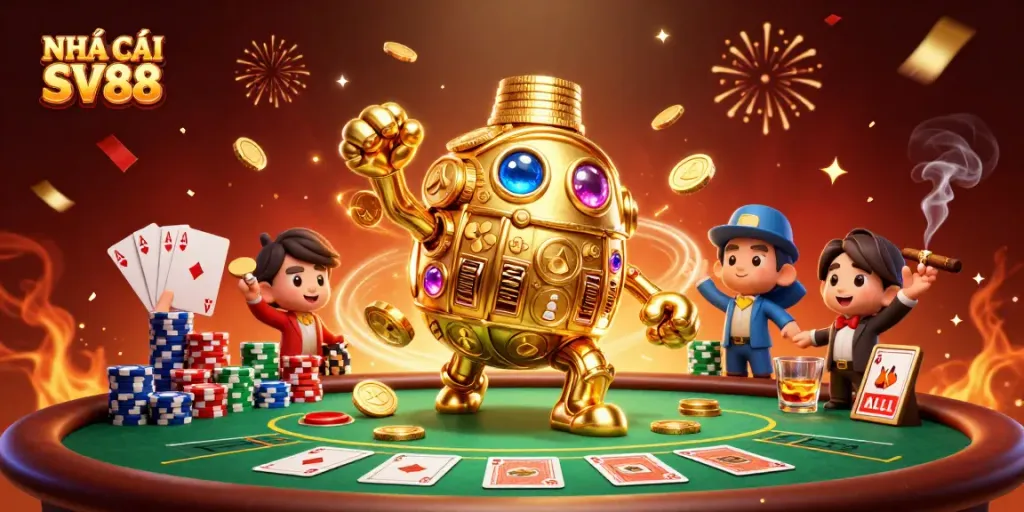 Experience the thrilling atmosphere of NHÀ CÁI SV88 with dynamic poker elements and golden golem.