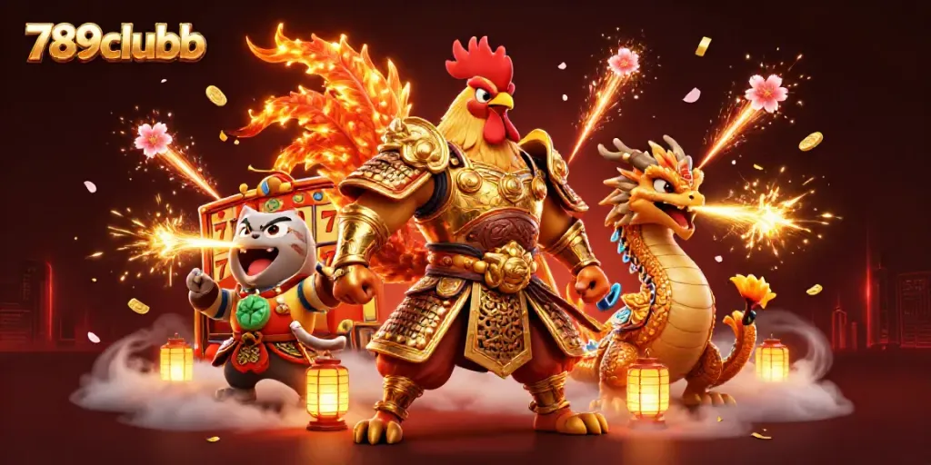 Experience winning excitement at 789clubb with a fierce rooster warrior and golden dragon hatchling amidst slot reels and festive decorations.