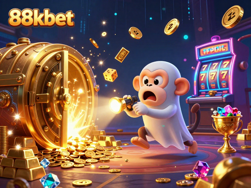 Experience the thrilling magic of 88kbet with a mischievous monkey and curious puppy in a dynamic casino scene.