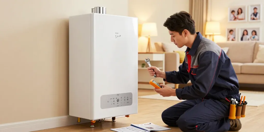 Professionele chauffagiste Brussel die een moderne ketel inspecteert in een gezellige woonkamer.