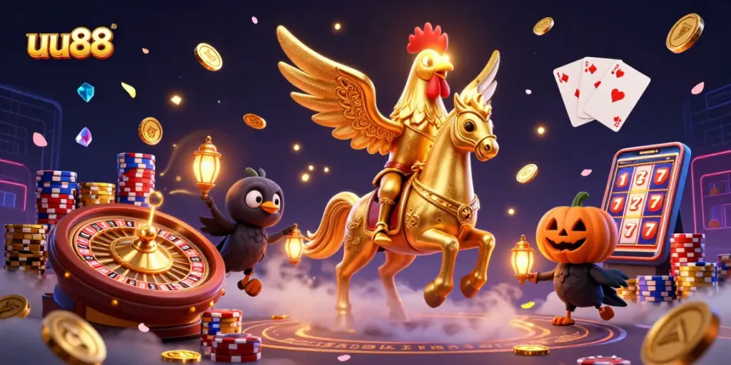 Engage with uu88 slots and gaming experiences amid cascading coins in a captivating casino scene.