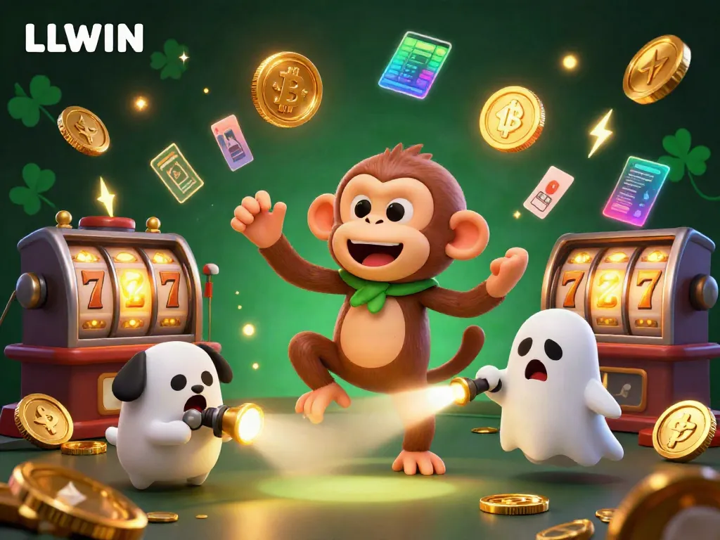 Experience LLWIN’s thrilling gaming atmosphere with a mischievous monkey juggling golden casino elements.
