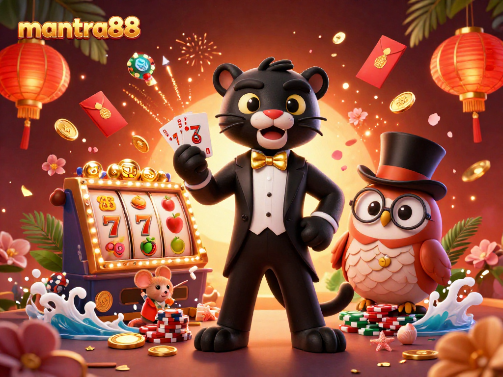 Experience thrilling gameplay with mantra88 as the black panther deals cards, surrounded by vibrant casino elements.