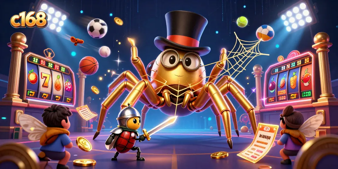 Engage with c168 casino excitement featuring a golden tarantula and beetle knight in a lively scene.