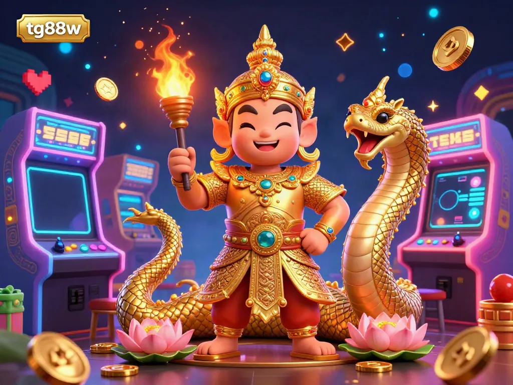 Experience thrilling wins at tg88w with vibrant casino elements and a friendly guardian in a dazzling 3D art scene.