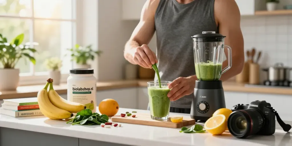 Health enthusiast preparing smoothie with supplements from https://biolabshop.nl/ in modern kitchen.