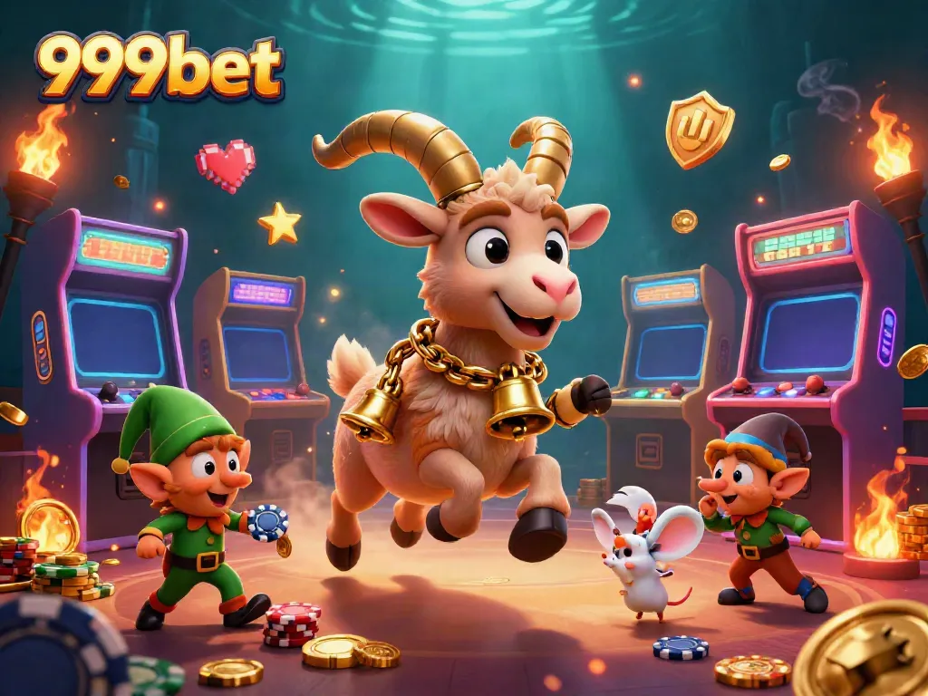 Experience the 999bet thrill with characters amidst a vibrant casino scene, including playful Krampus!